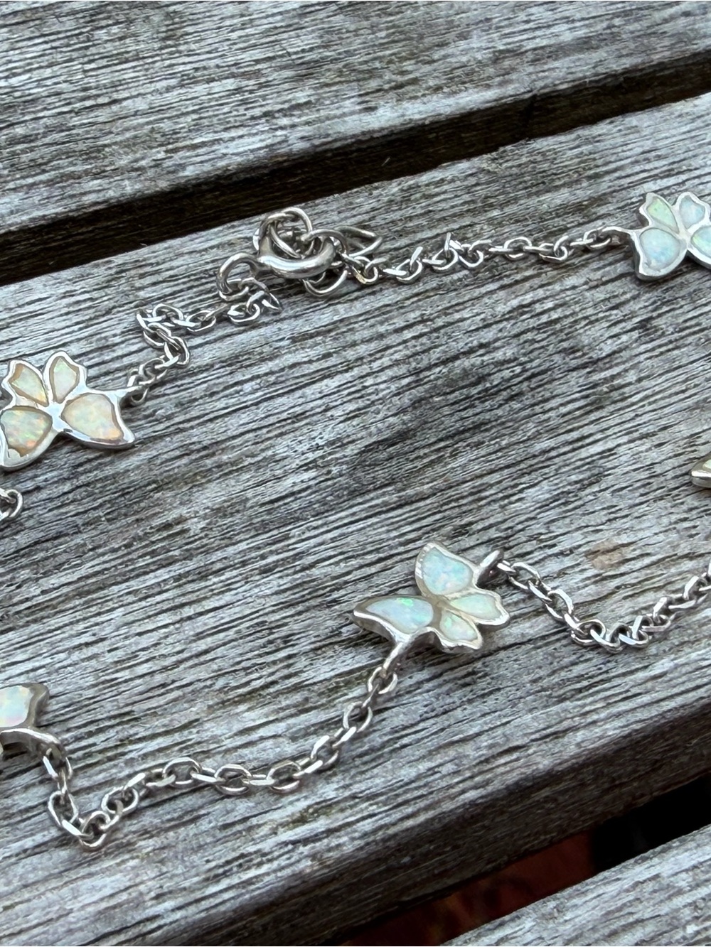 Sterling Silver 925 Butterfly Opal Anklet - White Opalescent Accents